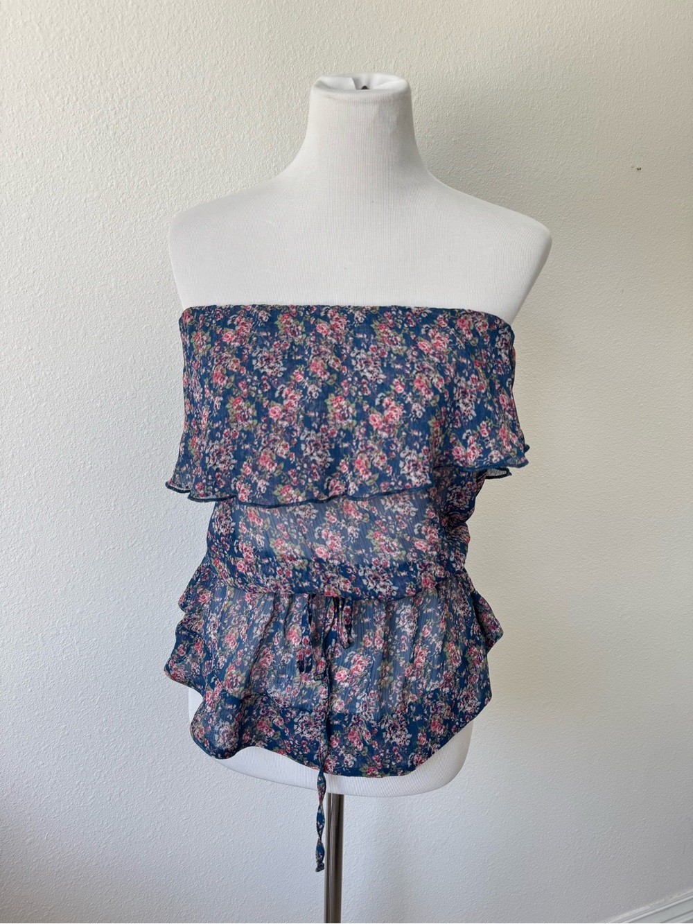 Express Floral Sheer Tube Ruffle Peplum Top